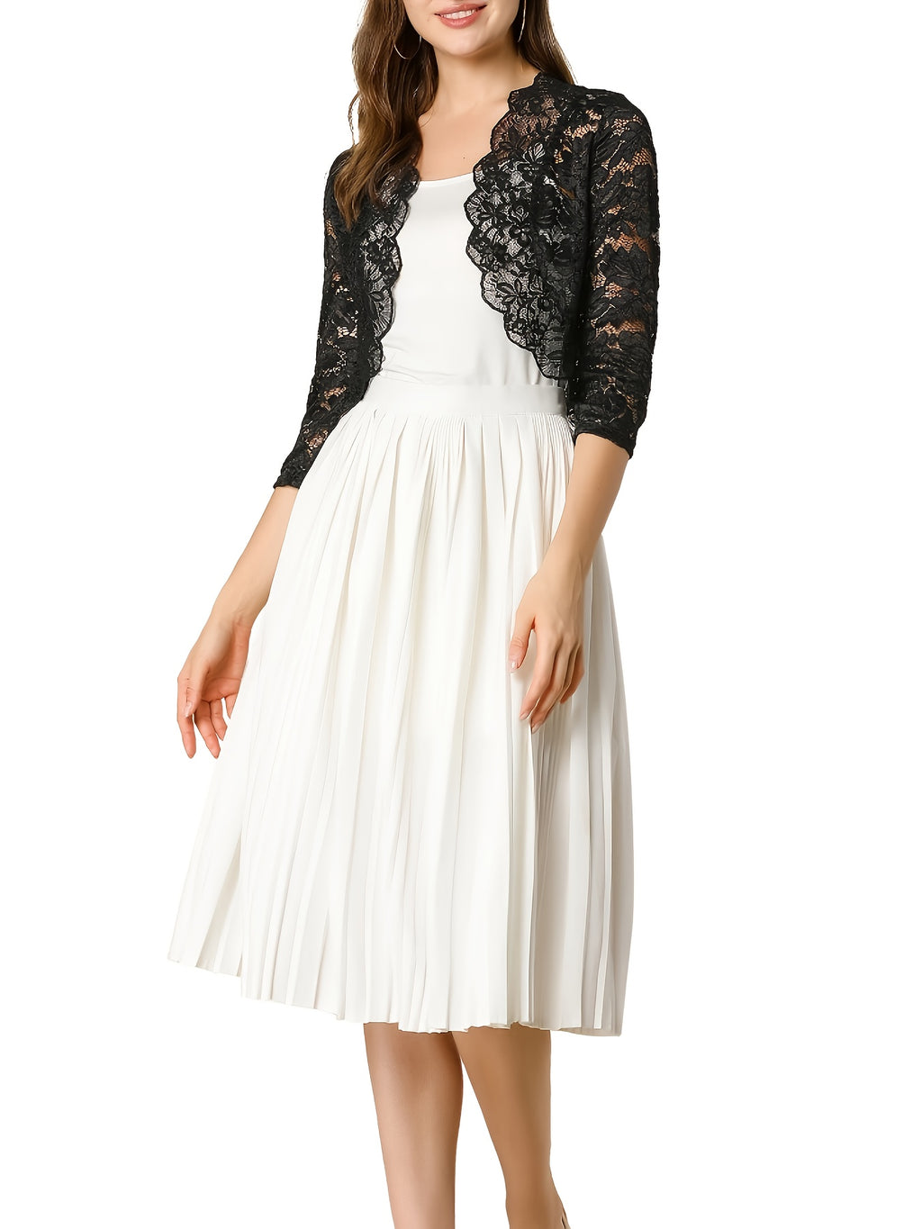 2025 Women'S Elegant Short Collarless Three Quarter Length Sleeve Polyester Knit Fabric Cardigan Top, Solid Color, with Contrast Lace Placket, for Spring\u002FSummer