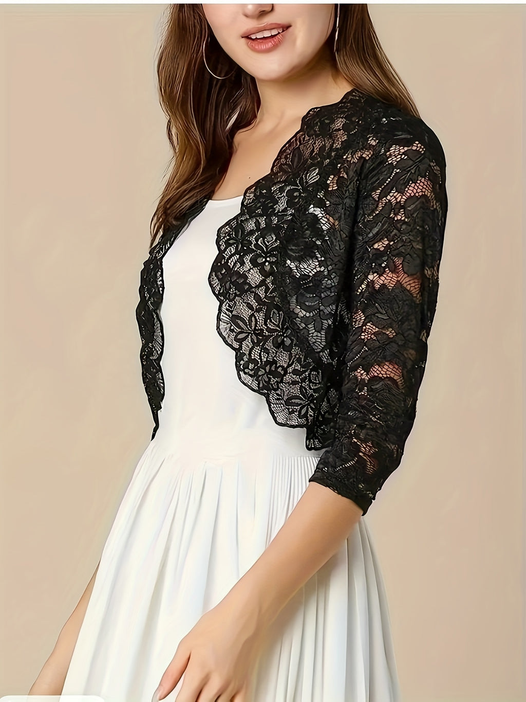 2025 Women'S Elegant Short Collarless Three Quarter Length Sleeve Polyester Knit Fabric Cardigan Top, Solid Color, with Contrast Lace Placket, for Spring\u002FSummer