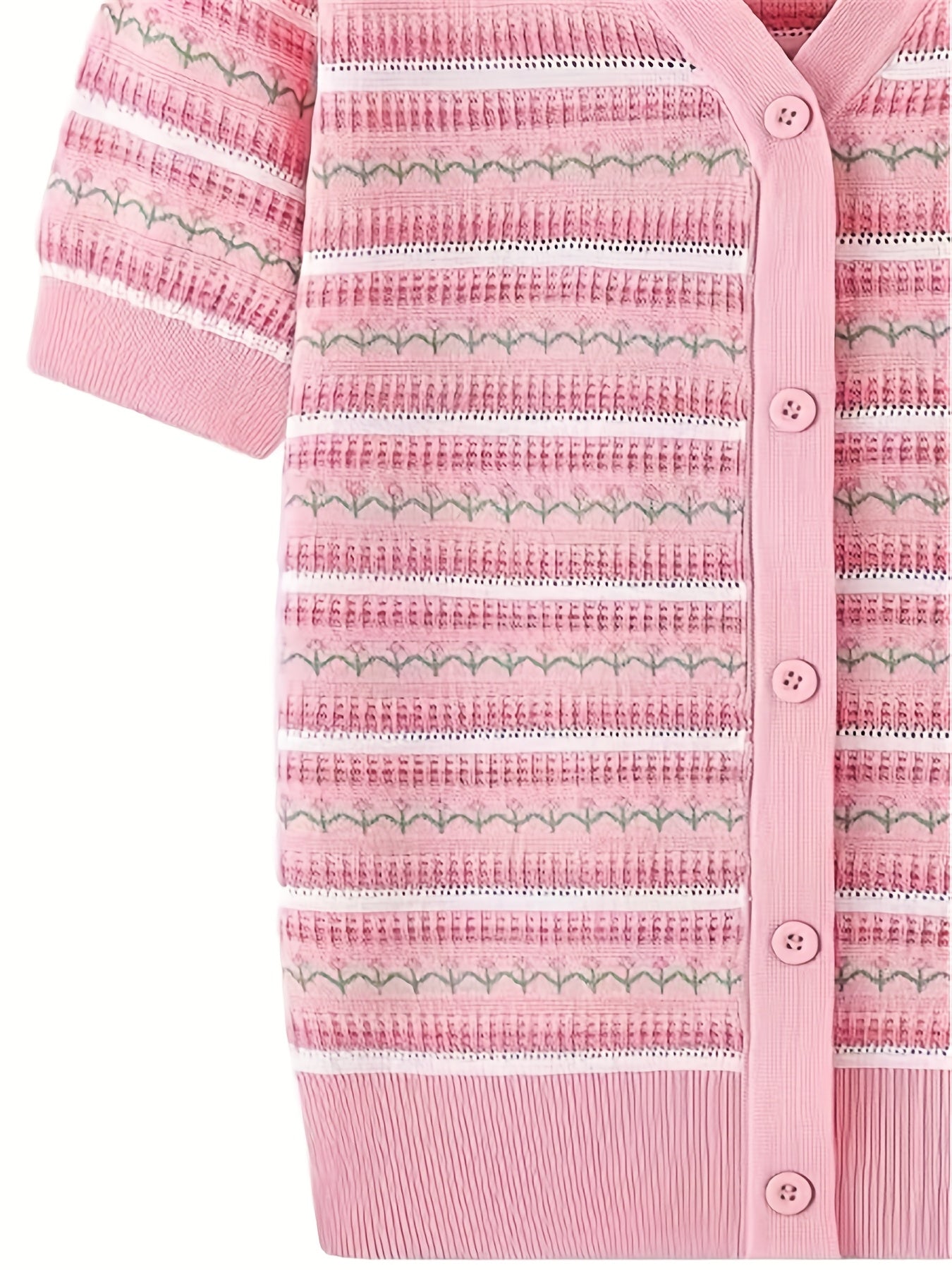 Women'S Pink & White Striped V-Neck Knit Cardigan with Decorative Buttons, Short Sleeve, Asymmetrical Hem, Casual Summer Crochet Top for Spring\u002FSummer, Cute Knit Cardiga