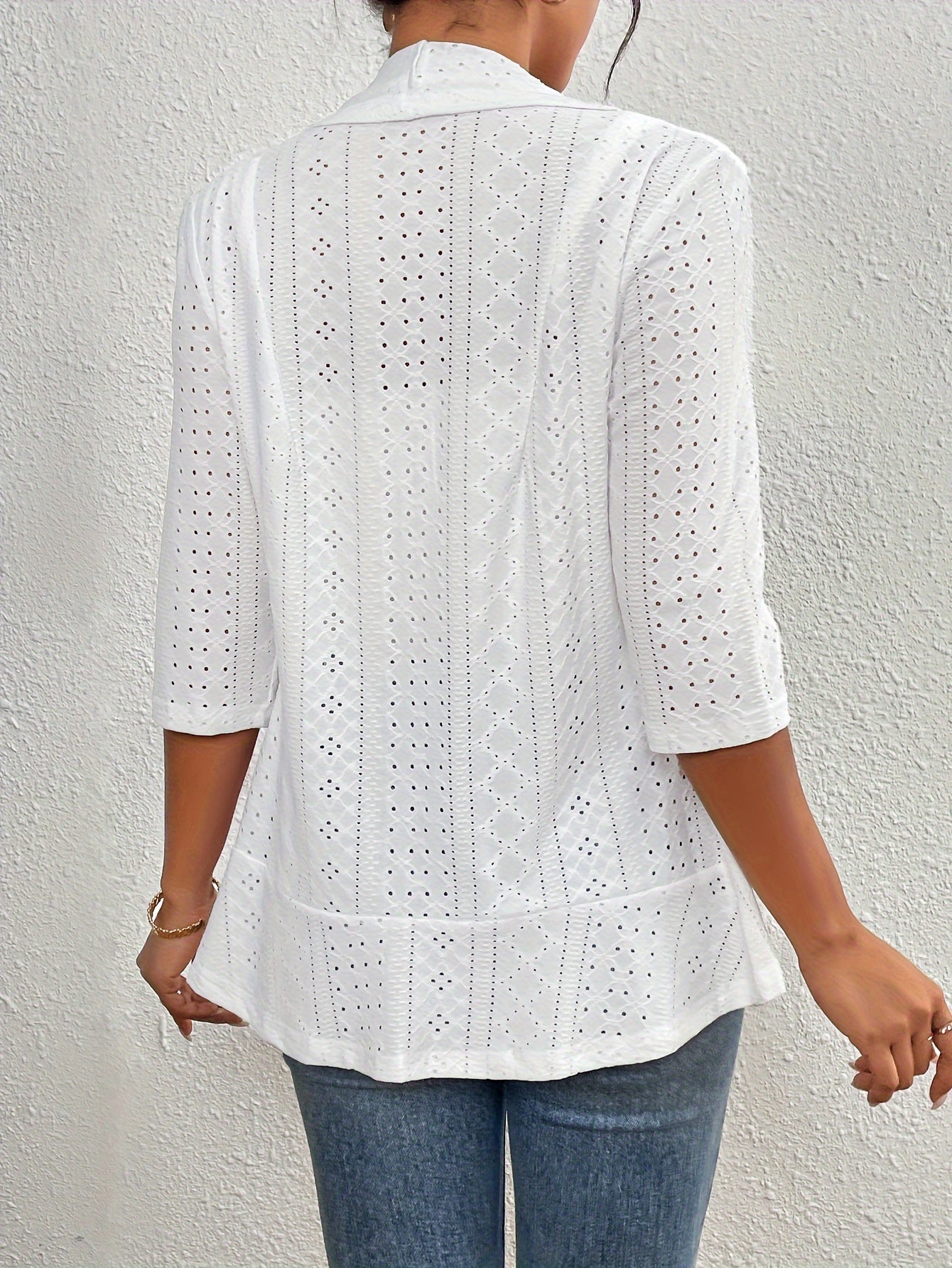 Women's Elegant Open-Front Cardigan - Solid White, Half Sleeve, Eyelet Embroidery, Lightweight Knit, Spring\u002FFall Fashion Jacket, Lightweight Cardigan