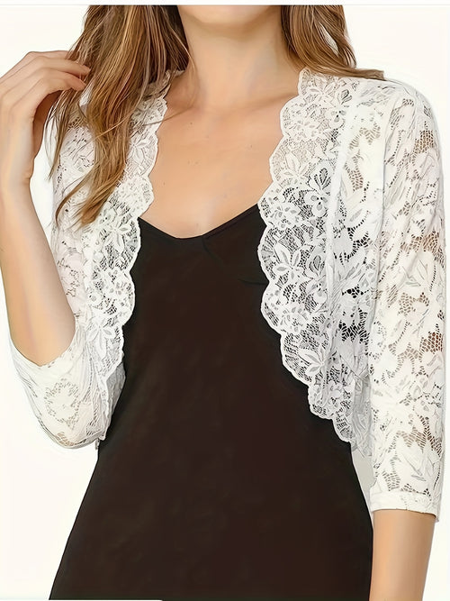 2025 Women'S Elegant Short Collarless Three Quarter Length Sleeve Polyester Knit Fabric Cardigan Top, Solid Color, with Contrast Lace Placket, for Spring\u002FSummer