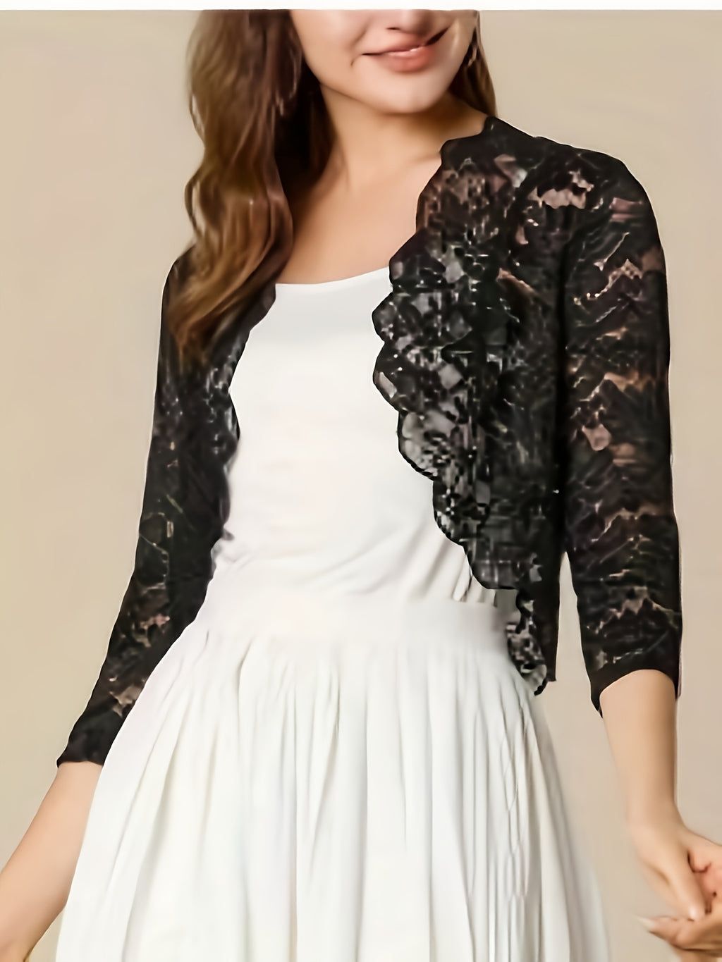 2025 Women'S Elegant Short Collarless Three Quarter Length Sleeve Polyester Knit Fabric Cardigan Top, Solid Color, with Contrast Lace Placket, for Spring\u002FSummer