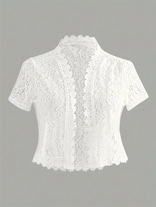 Elegant White Lace Contrast Cardigan - Short Sleeve, Stand Collar, Open Front Jacket for Women | Perfect for Spring\u002FSummer Parties & Casual Wear, Party Wear Cardigan | Lace Detailing | Constructio